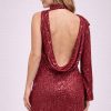 Bordo Payetli Sırt Dekolteli Drape Detaylı Mini Abiye Elbise
