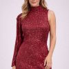 Bordo Payetli Sırt Dekolteli Drape Detaylı Mini Abiye Elbise