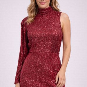 Bordo Payetli Sırt Dekolteli Drape Detaylı Mini Abiye Elbise